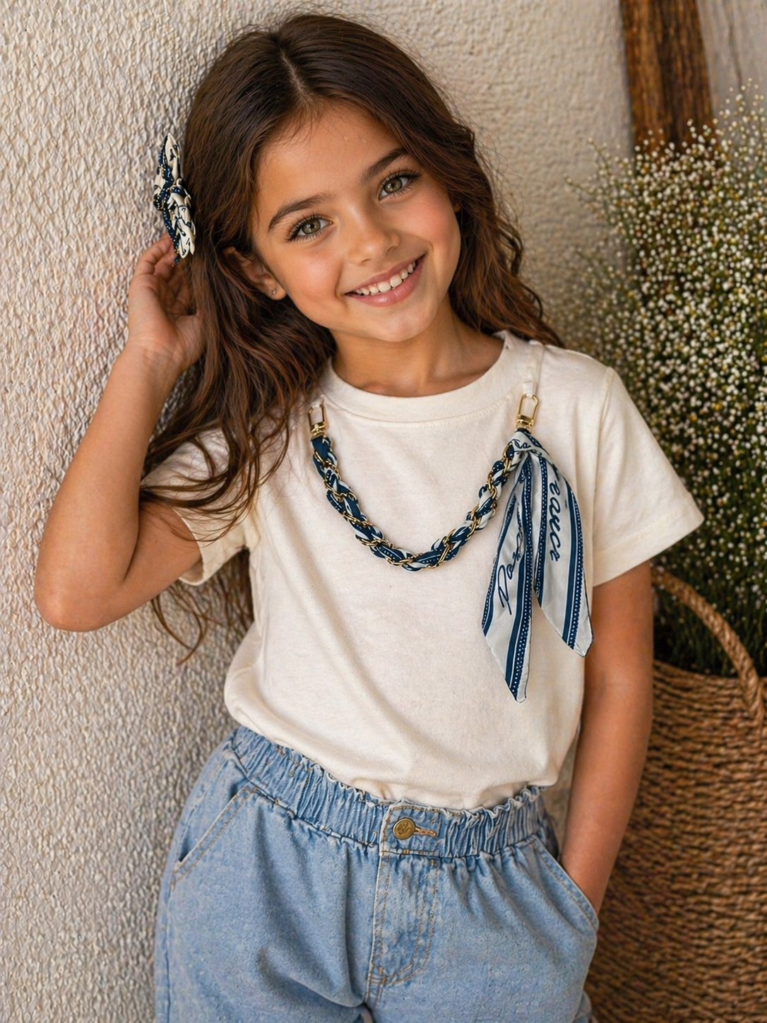 Kız Çocuk Oysho Kumaş Lacivert Aksesuarlı Şık Tişört 👕✨