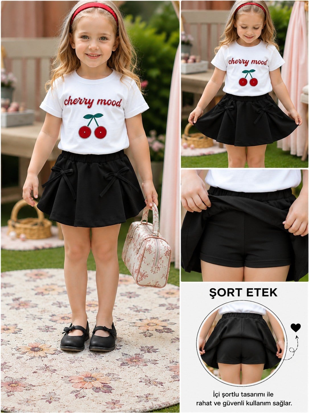 Kız Çocuk Şort Etek Takım Cherry Mood Taş İşlemeli Kiraz Baskılı Beyaz Tshirt Siyah Etek
