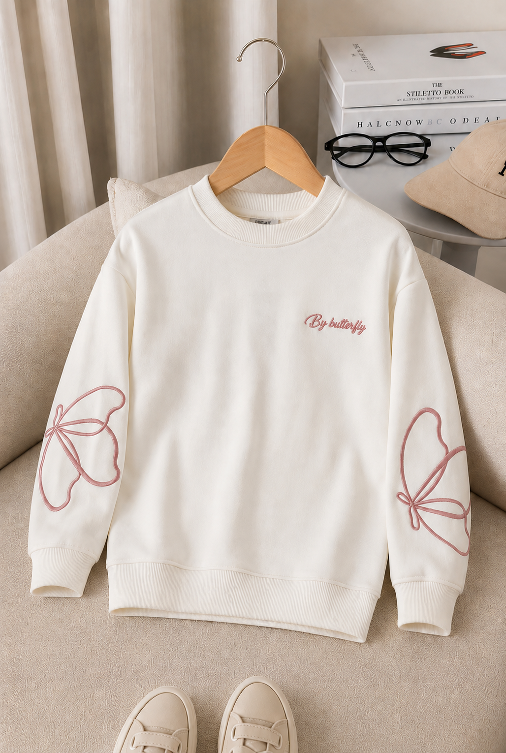 	Kız Çocuk Sweatshirt Uzun Kollu Gül Kurusu Rengi Nakışlı Kelebek Desenli Sweatshirt
