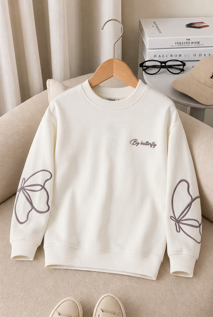 Kız Çocuk Sweatshirt Uzun Kollu Kahve Rengi Nakışlı Kelebek Desenli Sweatshirt