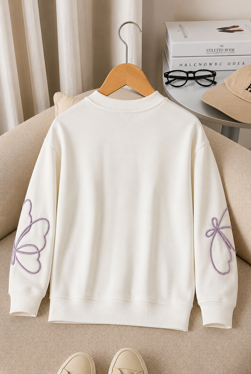 Kız Çocuk Sweatshirt Uzun Kollu Lila Renk Nakışlı Kelebek Desenli Sweatshirt