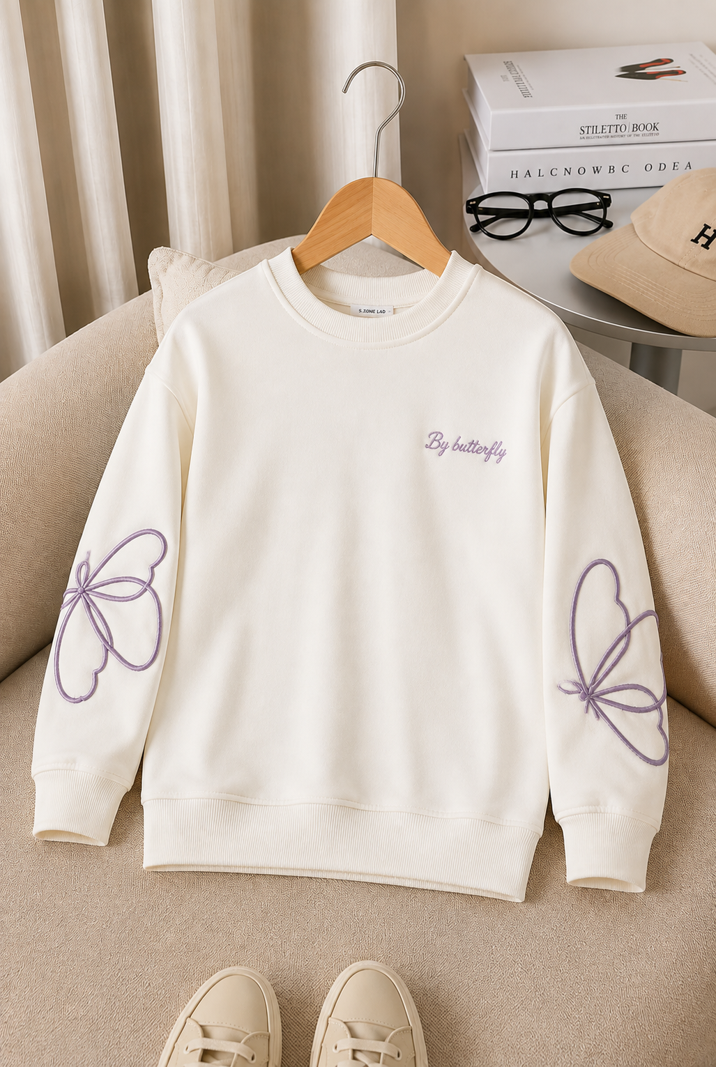 Kız Çocuk Sweatshirt Uzun Kollu Lila Renk Nakışlı Kelebek Desenli Sweatshirt