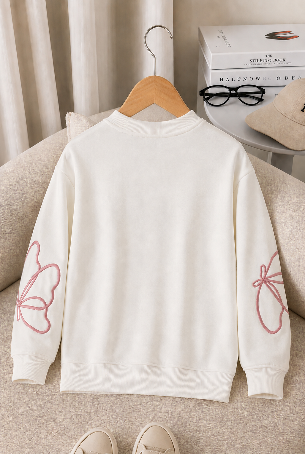 	Kız Çocuk Sweatshirt Uzun Kollu Gül Kurusu Rengi Nakışlı Kelebek Desenli Sweatshirt