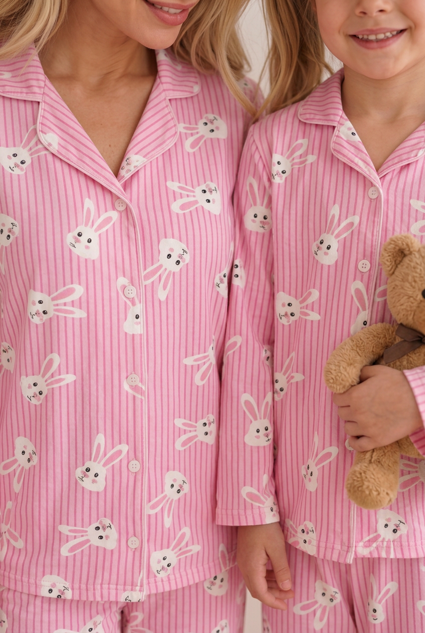 Anne Kız Pijama Takımı  Pembe Tavşan Desenli Uzun Kollu Rahat Ev Giyim Takımı