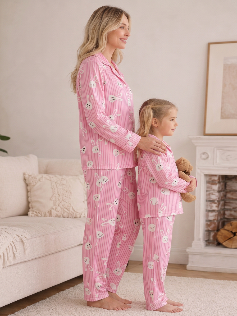 Anne Kız Pijama Takımı  Pembe Tavşan Desenli Uzun Kollu Rahat Ev Giyim Takımı