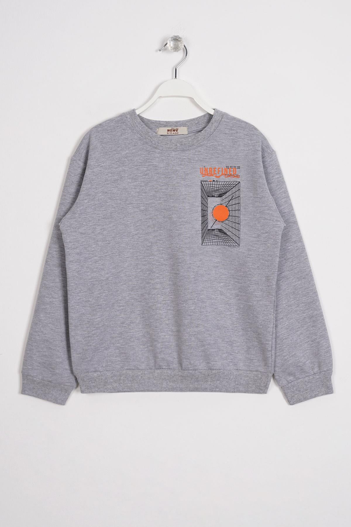 Ön Arka Dijital Baskı Detaylı Gri Melanj Renk Erkek Çocuk Sweatshirt