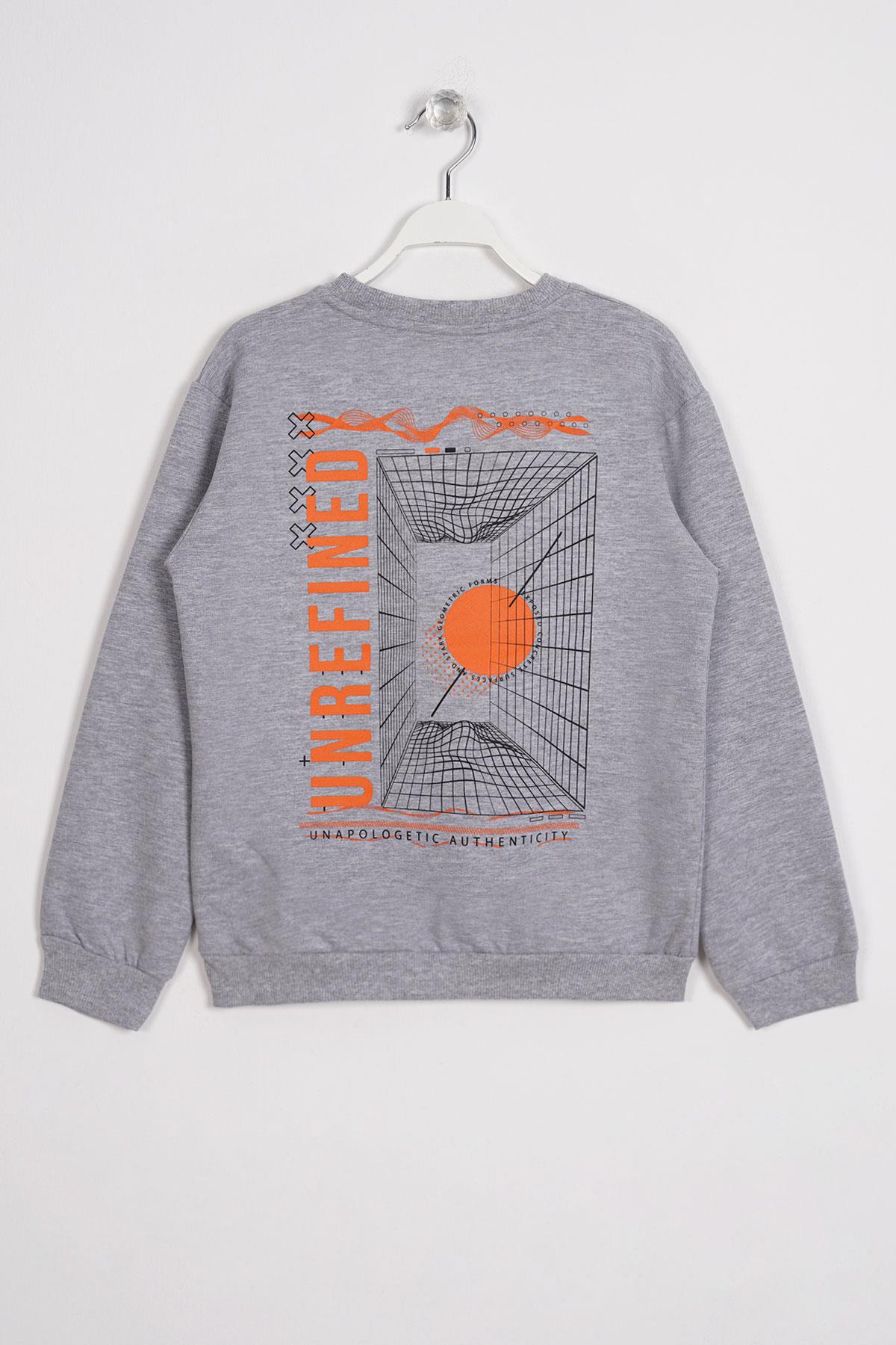 Ön Arka Dijital Baskı Detaylı Gri Melanj Renk Erkek Çocuk Sweatshirt