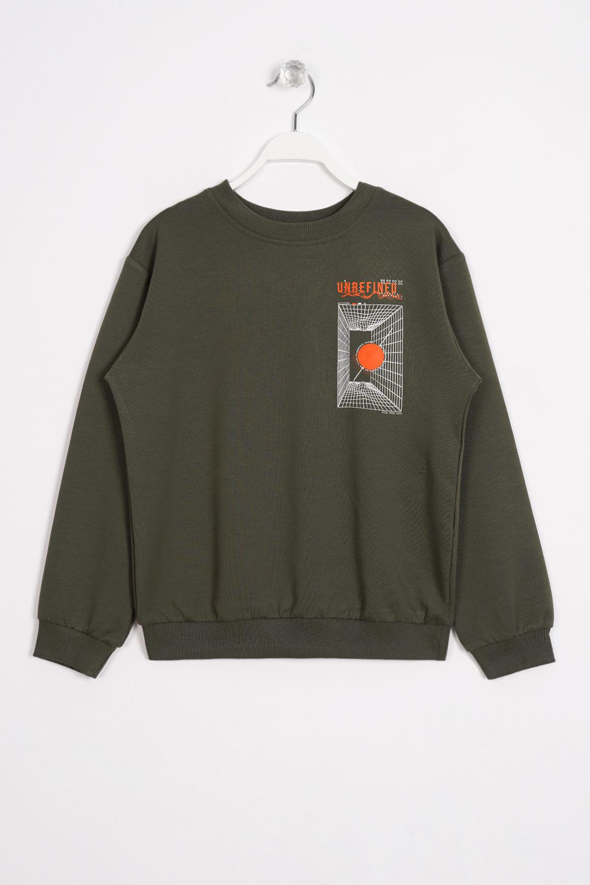 Ön Arka Dijital Baskı Detaylı Haki Renk Erkek Çocuk Sweatshirt