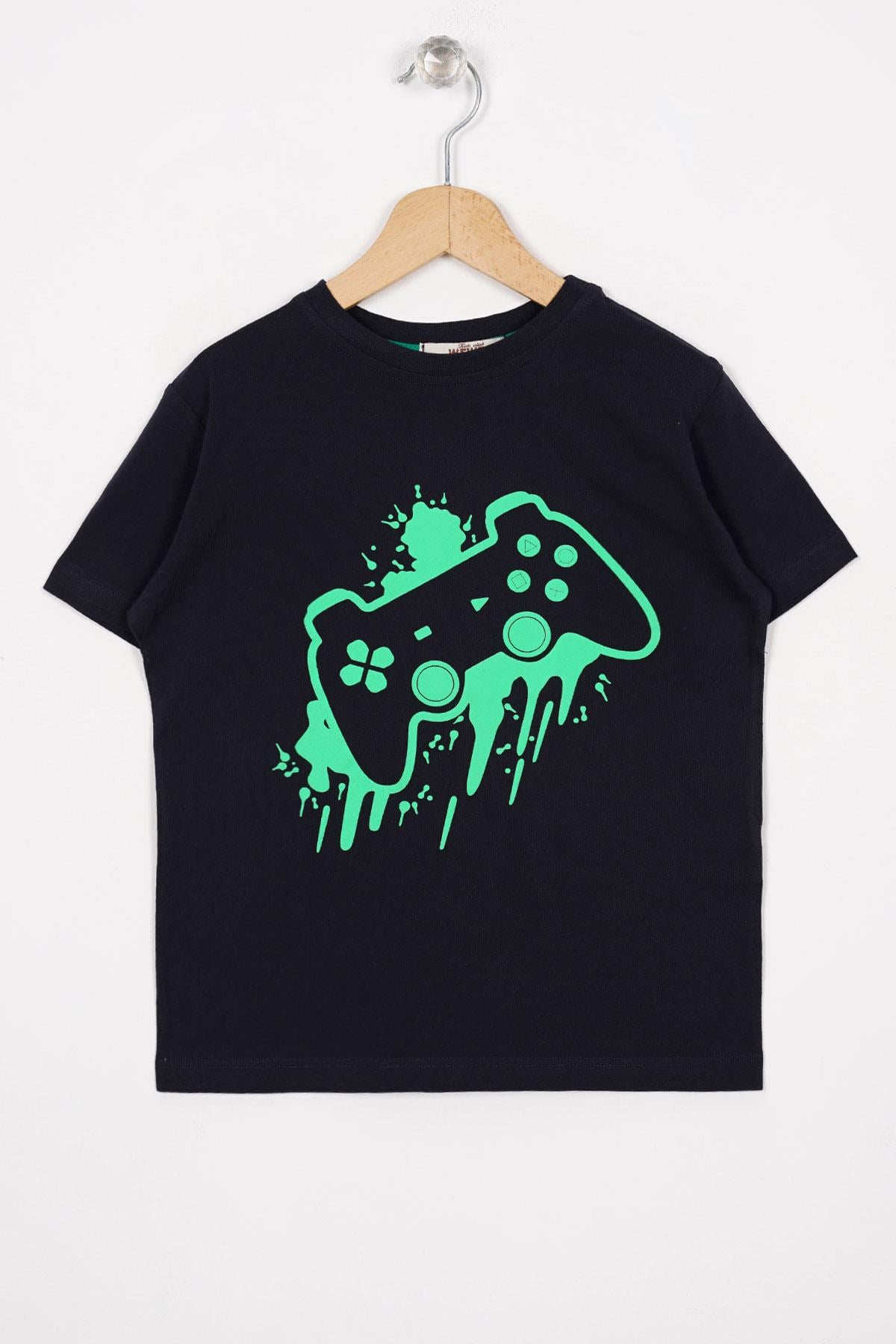 Oyun Konsolu Baskılı Oversize Lacivert Renk Erkek Çocuk Tshirt
