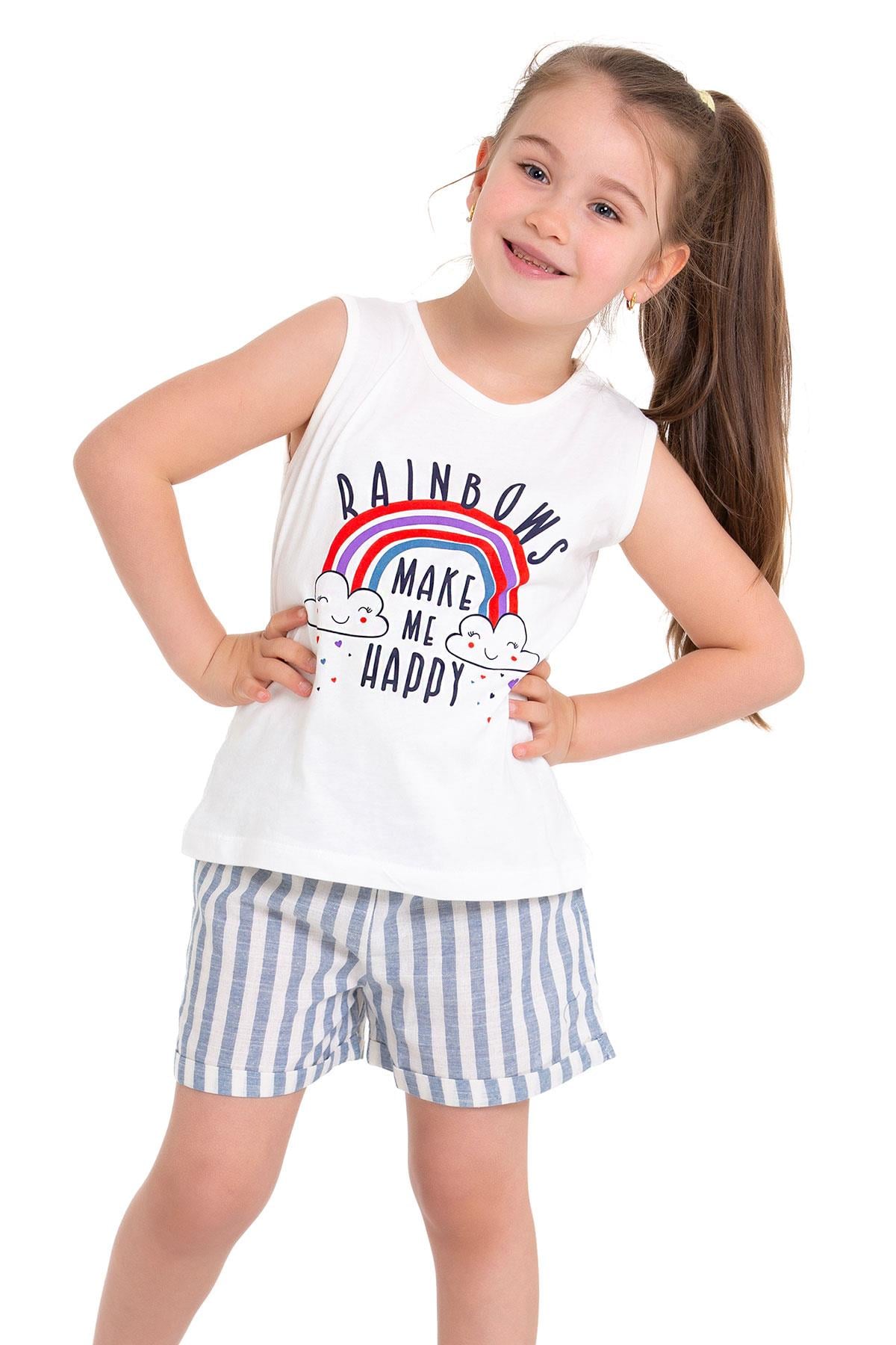 Sıfır Kol Gökkuşağı Baskılı Çizgili Ekru İndigo Renk Kız Çocuk Şortlu Takım