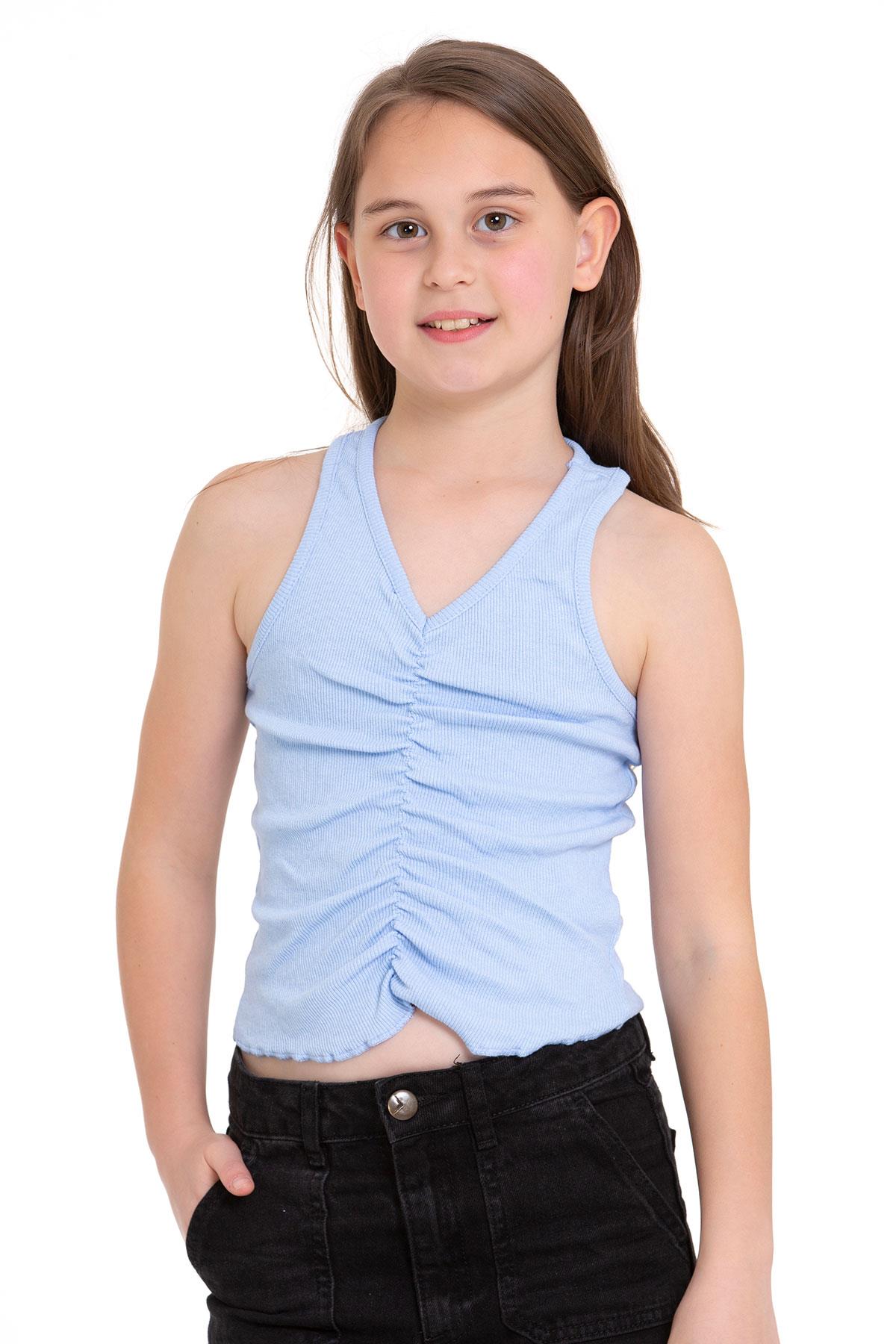 Sıfır Kol V Yaka Büzgülü Buz Mavisi Renk Kız Çocuk Tshirt