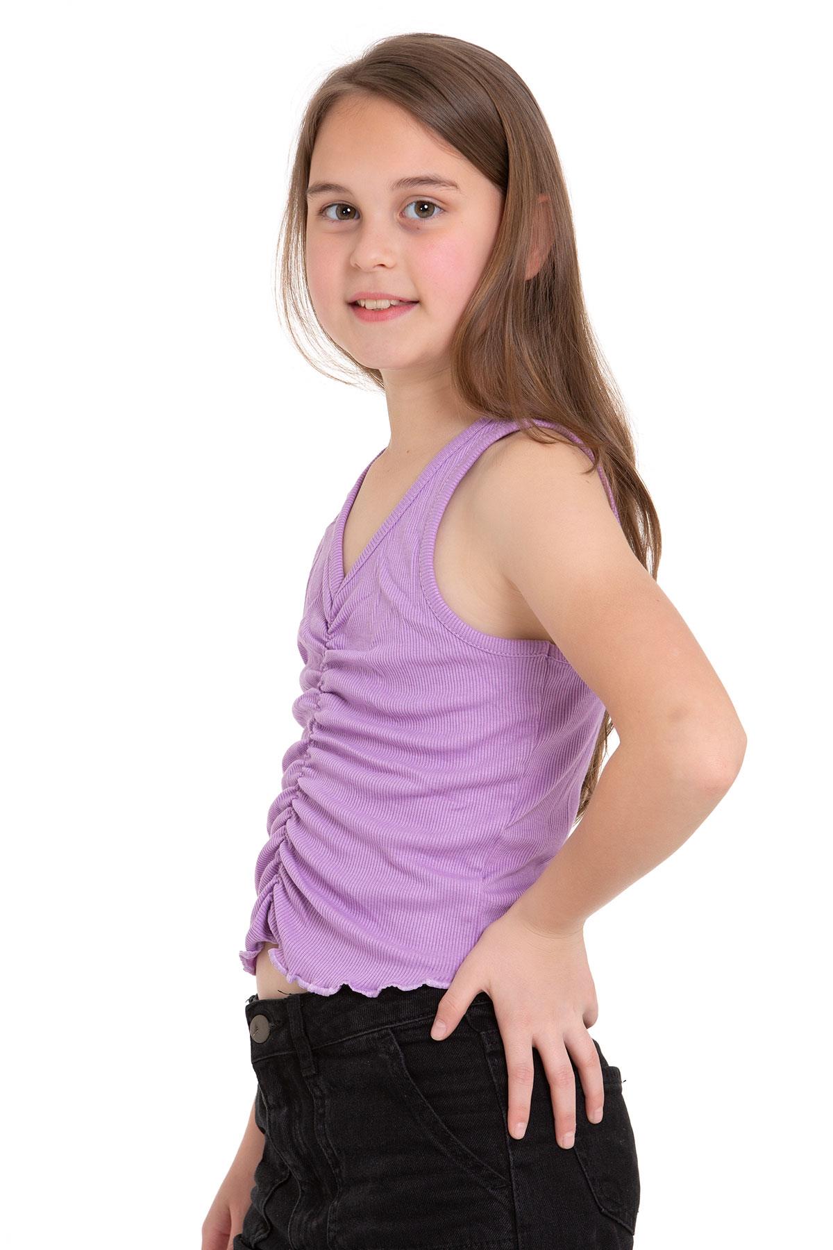 Sıfır Kol V Yaka Büzgülü Lila Renk Kız Çocuk Tshirt