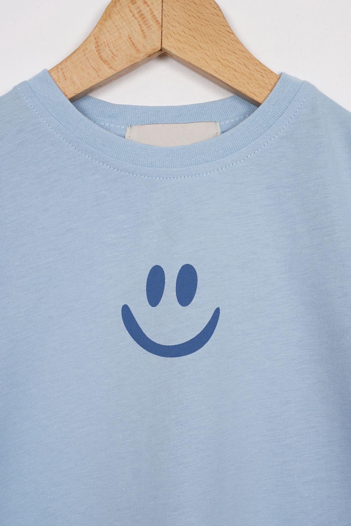 Smile Baskılı Arkası Yazı Baskılı  Buzmavi Renk Erkek Çocuk Kaprili Takım