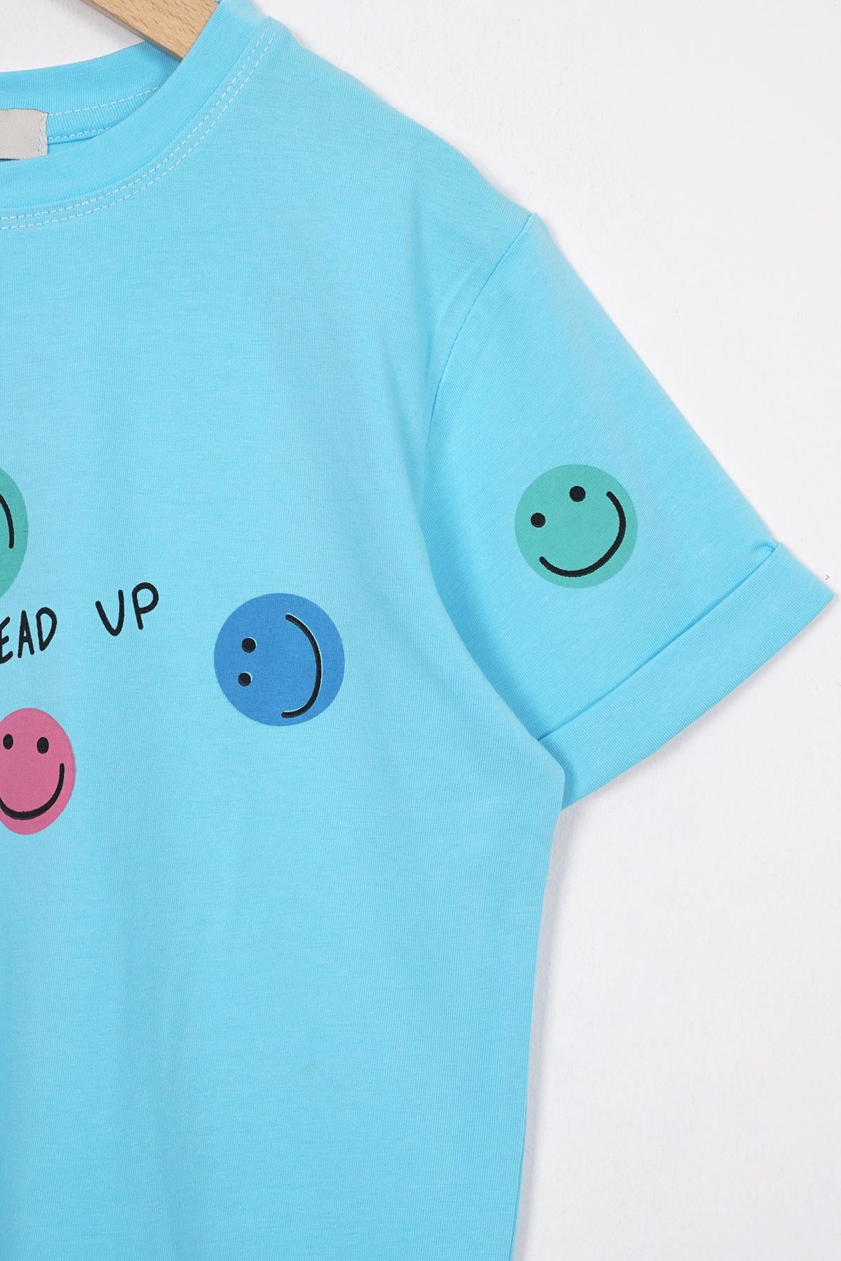 Smile Baskılı Turkuaz Renk Kız Çocuk Tshirt