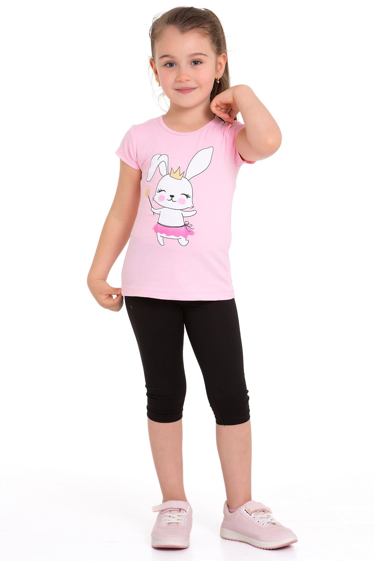 Tavşan Baskılı Açık Pembe Renk Kız Çocuk Taytlı Takım