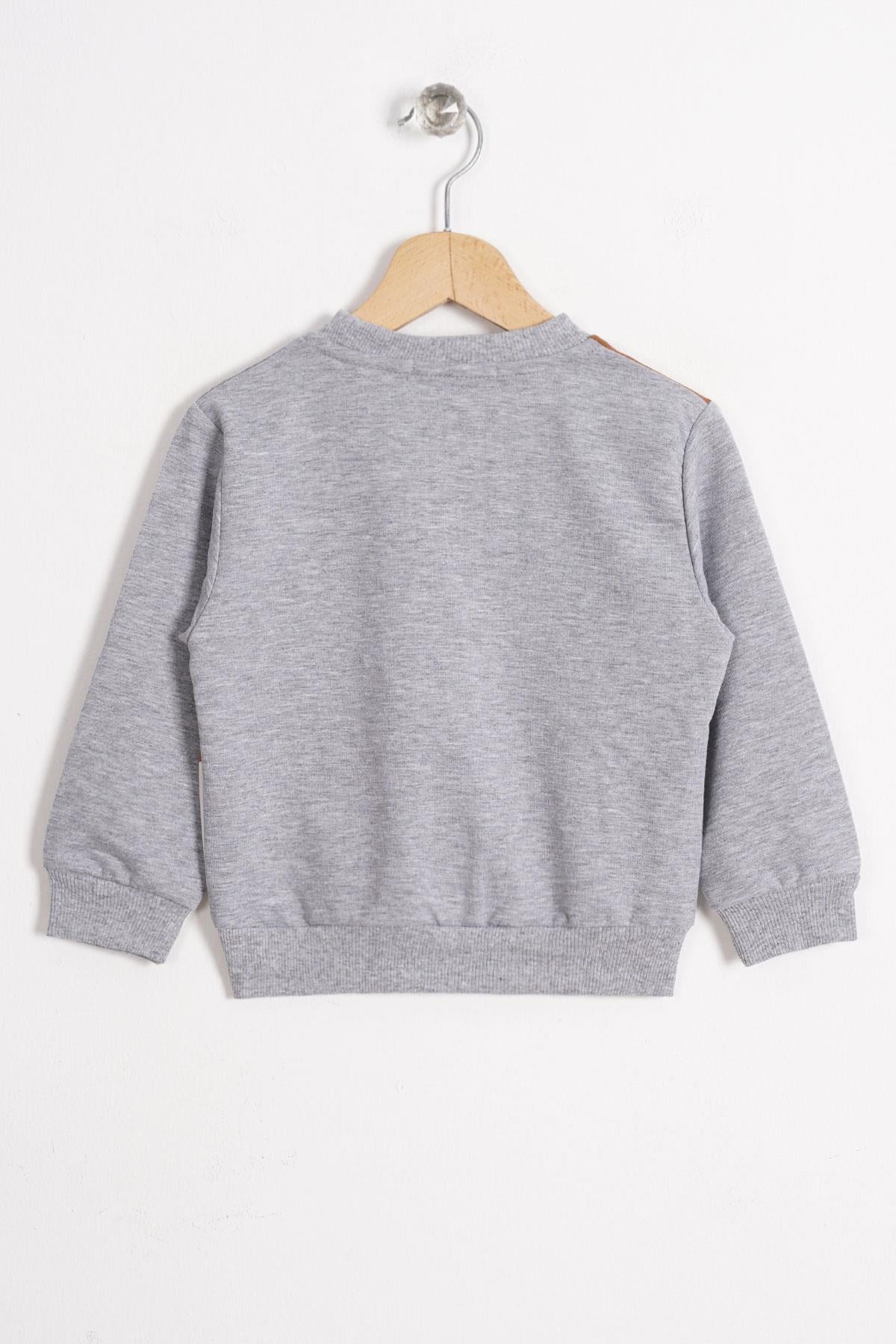 Tilki Ve Ayı Figürlü Bisiklet Yaka Gri Melanj Renk Erkek Çocuk Sweatshirt