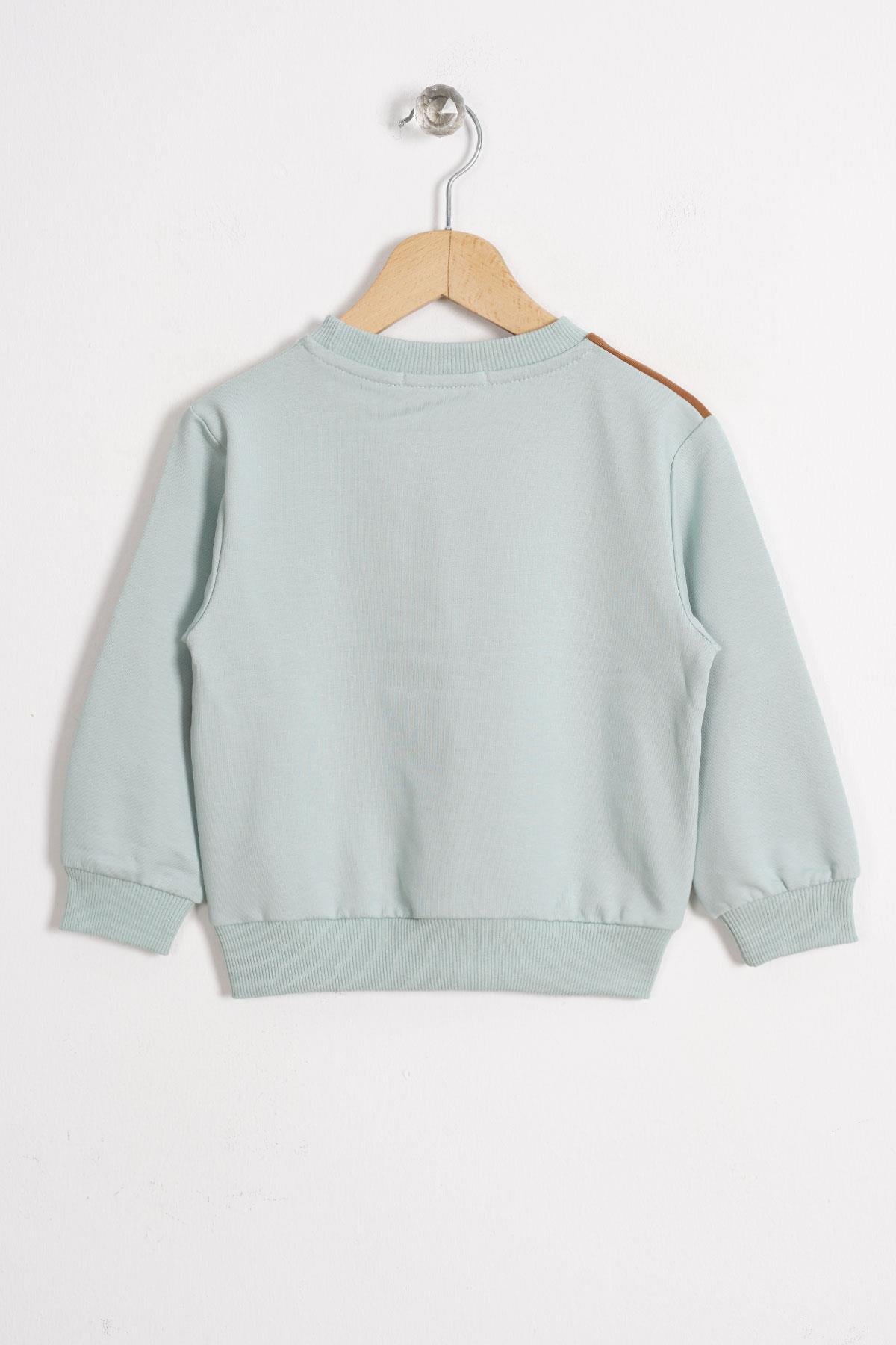 Tilki Ve Ayı Figürlü Bisiklet Yaka Mint Renk Erkek Çocuk Sweatshirt