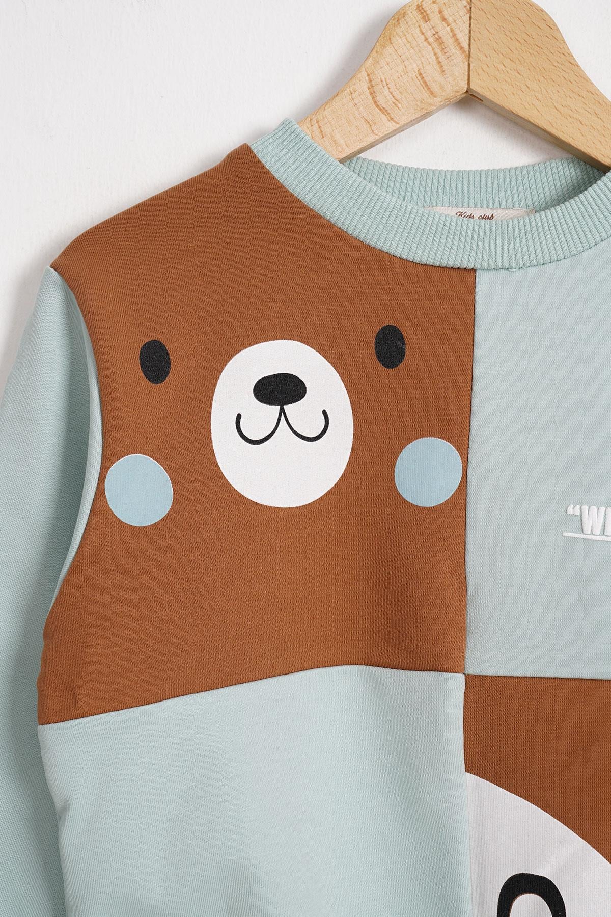 Tilki Ve Ayı Figürlü Bisiklet Yaka Mint Renk Erkek Çocuk Sweatshirt