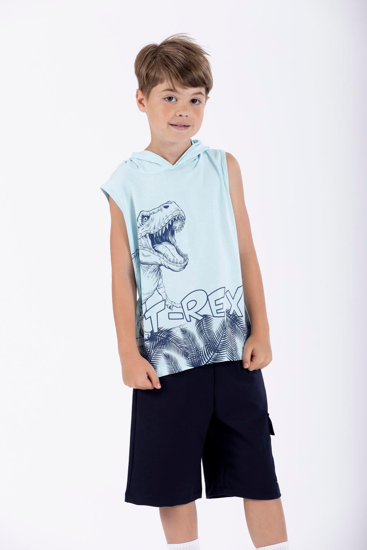 Trex Baskılı Kapüşonlu Sıfır Kol Mavi Renk Erkek Çocuk Tshirt