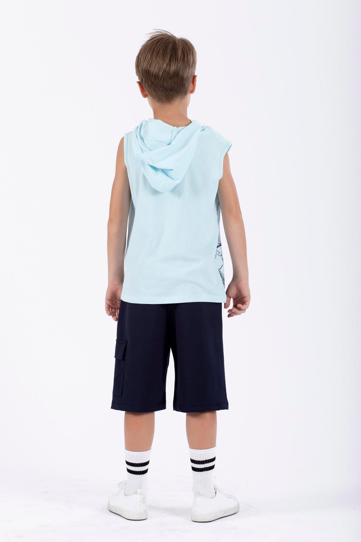 Trex Baskılı Kapüşonlu Sıfır Kol Mavi Renk Erkek Çocuk Tshirt