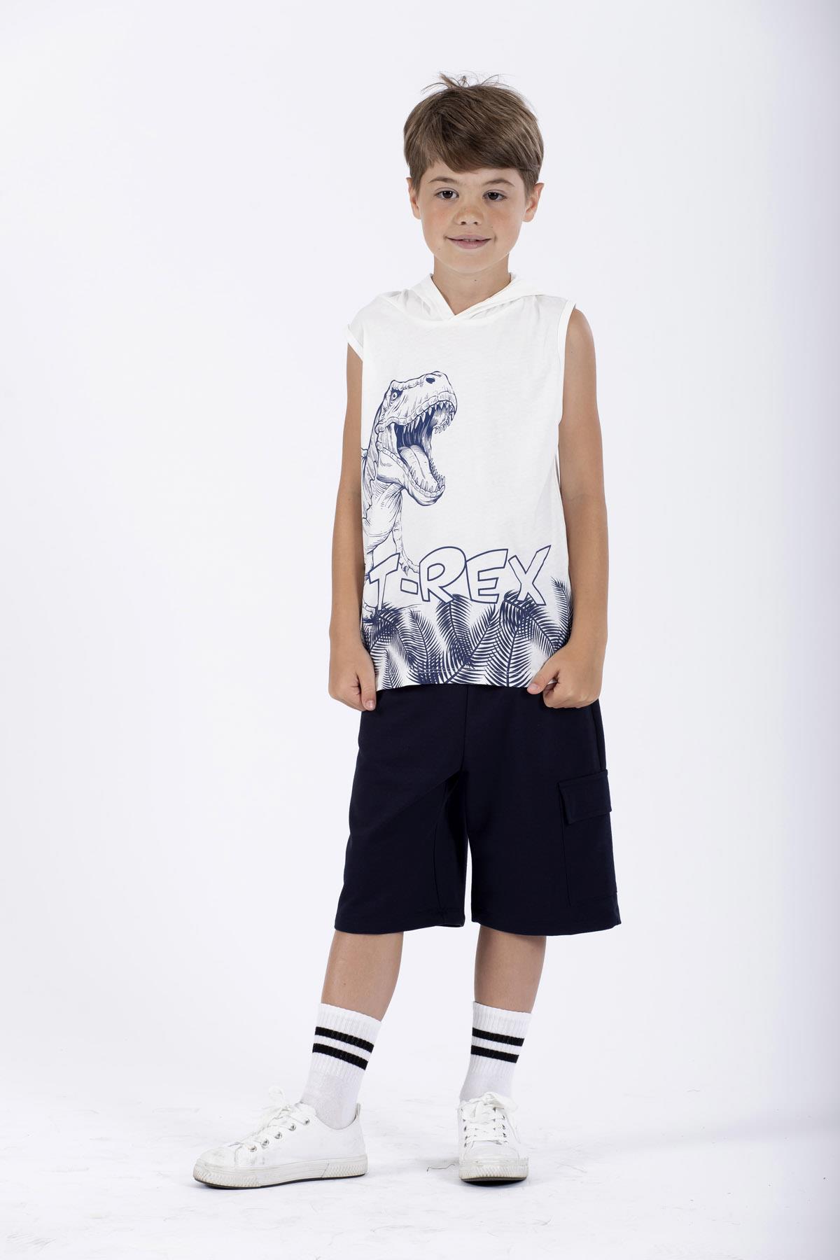 Trex Baskılı Kapüşonlu Sıfır Kol Ekru Renk Erkek Çocuk Tshirt