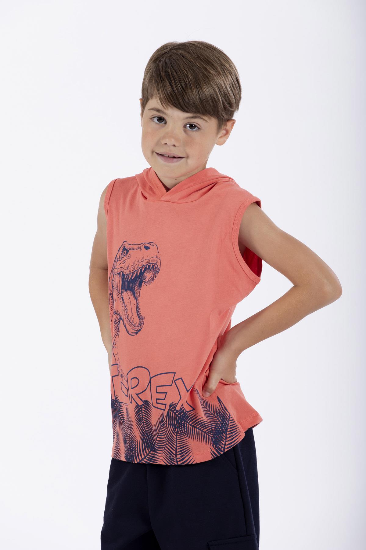 Trex Baskılı Kapüşonlu Sıfır Kol Nar Çiçeği Renk Erkek Çocuk Tshirt