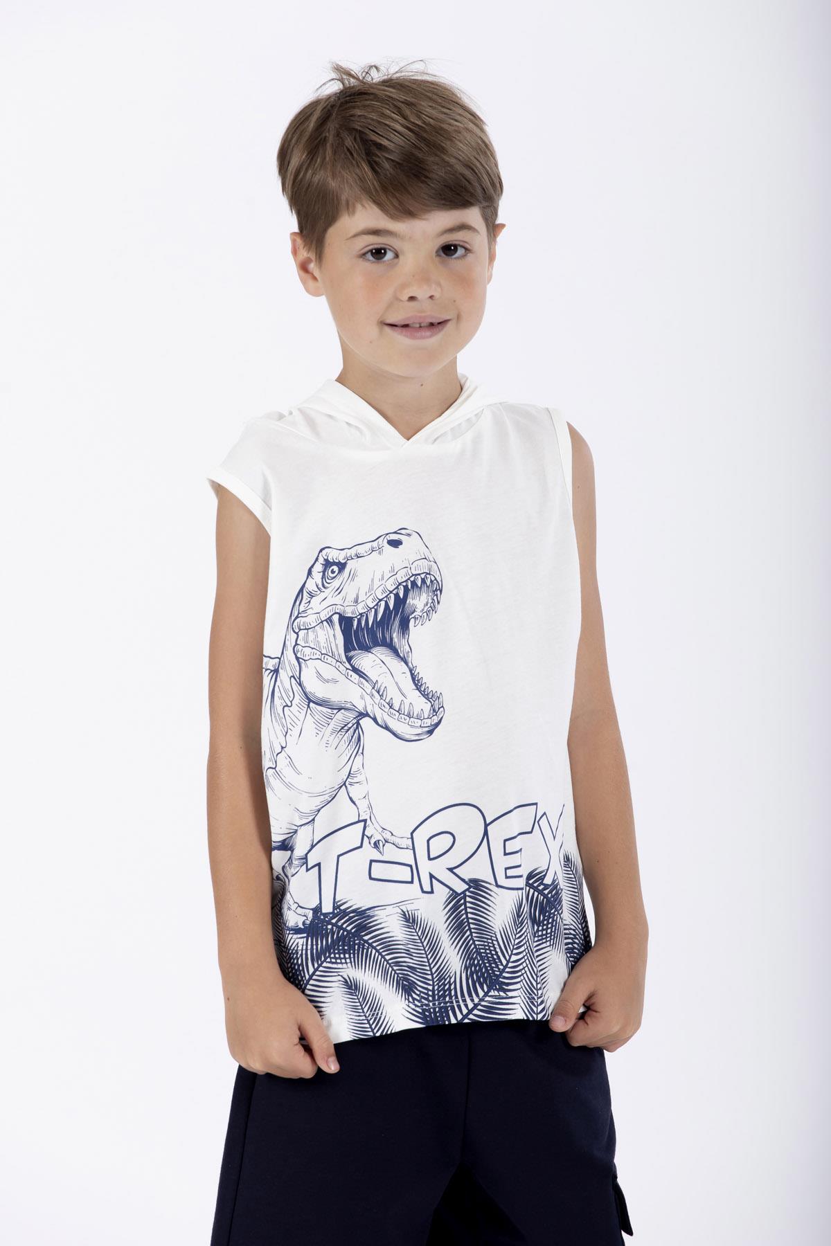 Trex Baskılı Kapüşonlu Sıfır Kol Ekru Renk Erkek Çocuk Tshirt