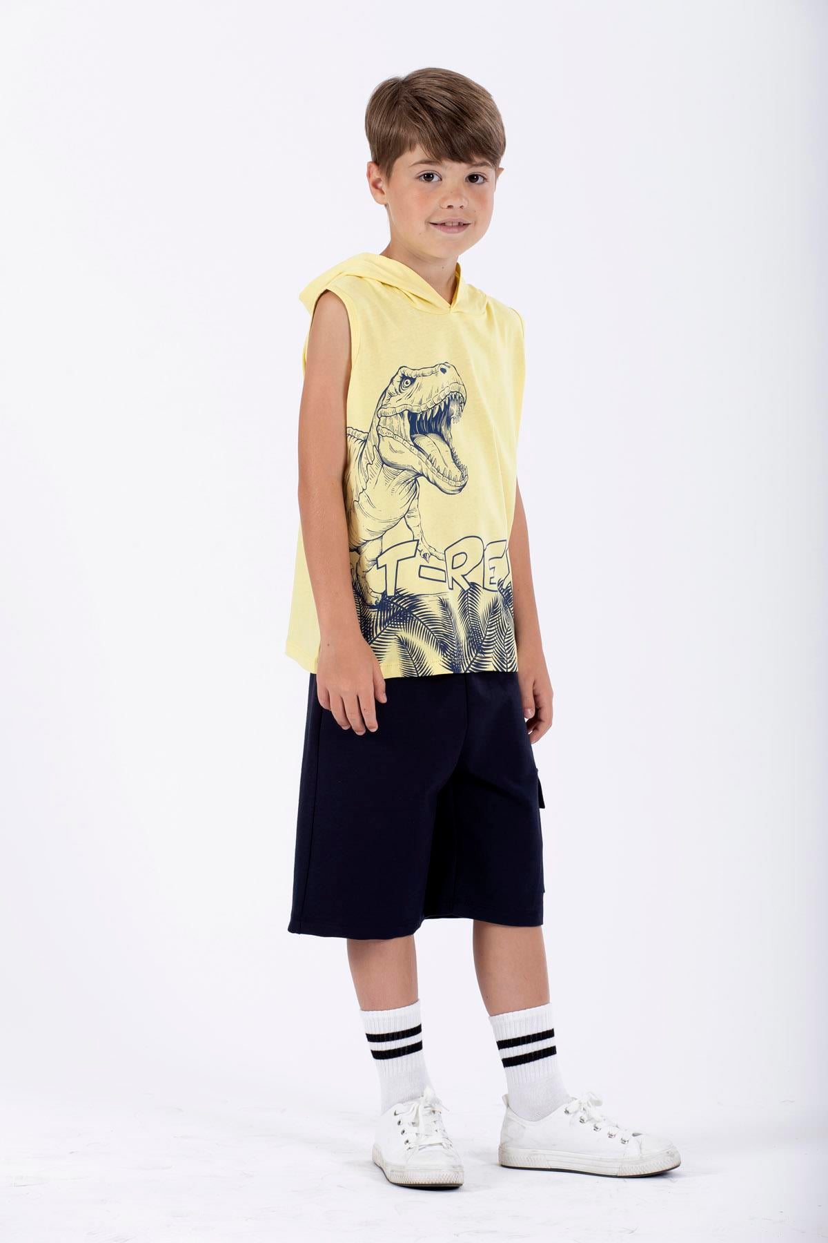 Trex Baskılı Kapüşonlu Sıfır Kol Sarı Renk Erkek Çocuk Tshirt