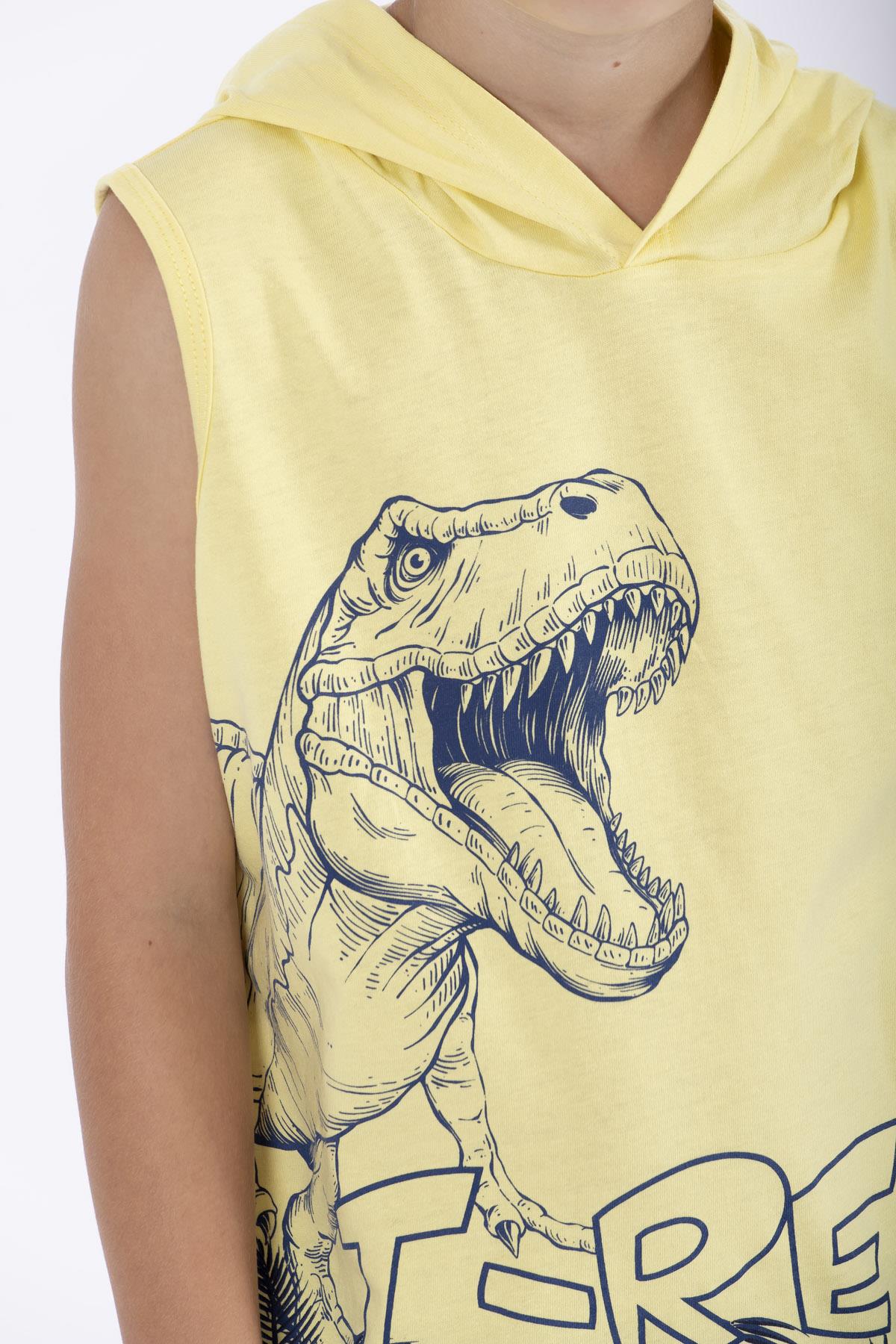 Trex Baskılı Kapüşonlu Sıfır Kol Sarı Renk Erkek Çocuk Tshirt
