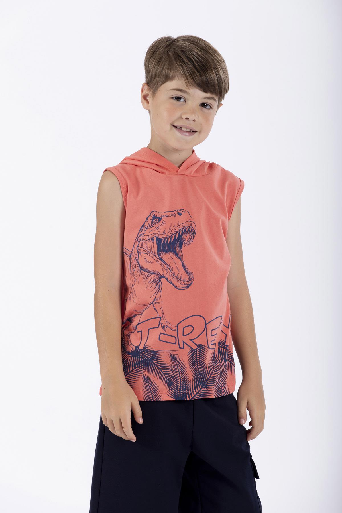 Trex Baskılı Kapüşonlu Sıfır Kol Nar Çiçeği Renk Erkek Çocuk Tshirt