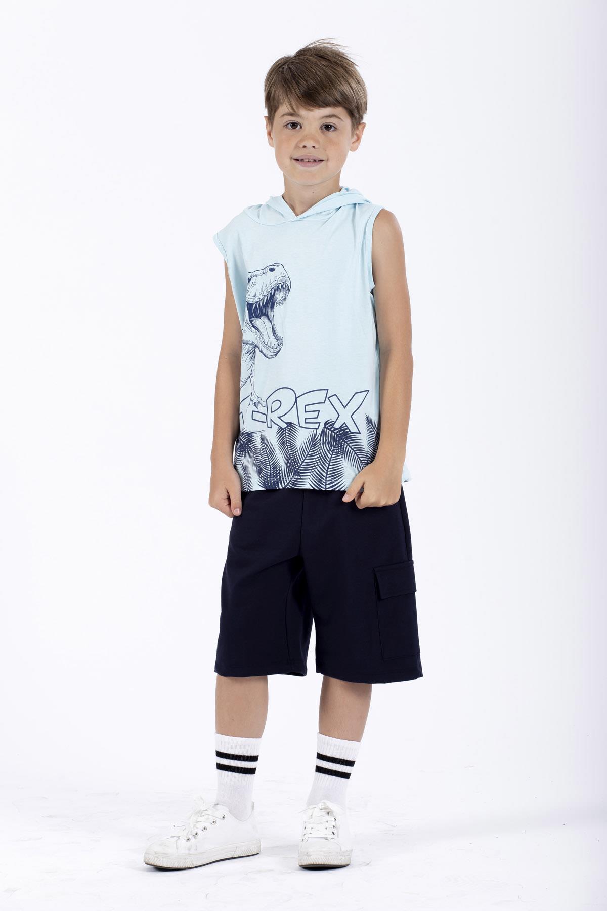 Trex Baskılı Kapüşonlu Sıfır Kol Mavi Renk Erkek Çocuk Tshirt