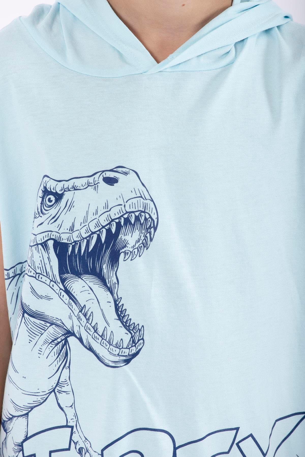Trex Baskılı Kapüşonlu Sıfır Kol Mavi Renk Erkek Çocuk Tshirt