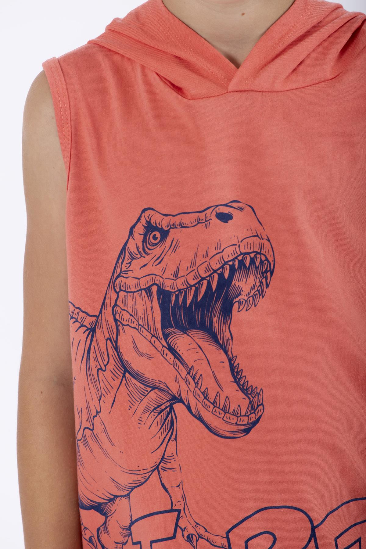 Trex Baskılı Kapüşonlu Sıfır Kol Nar Çiçeği Renk Erkek Çocuk Tshirt