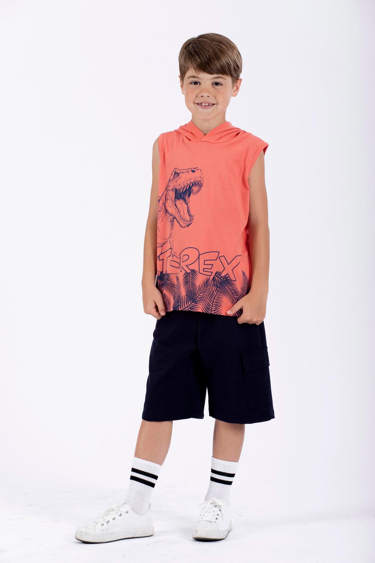 Trex Baskılı Kapüşonlu Sıfır Kol Nar Çiçeği Renk Erkek Çocuk Tshirt