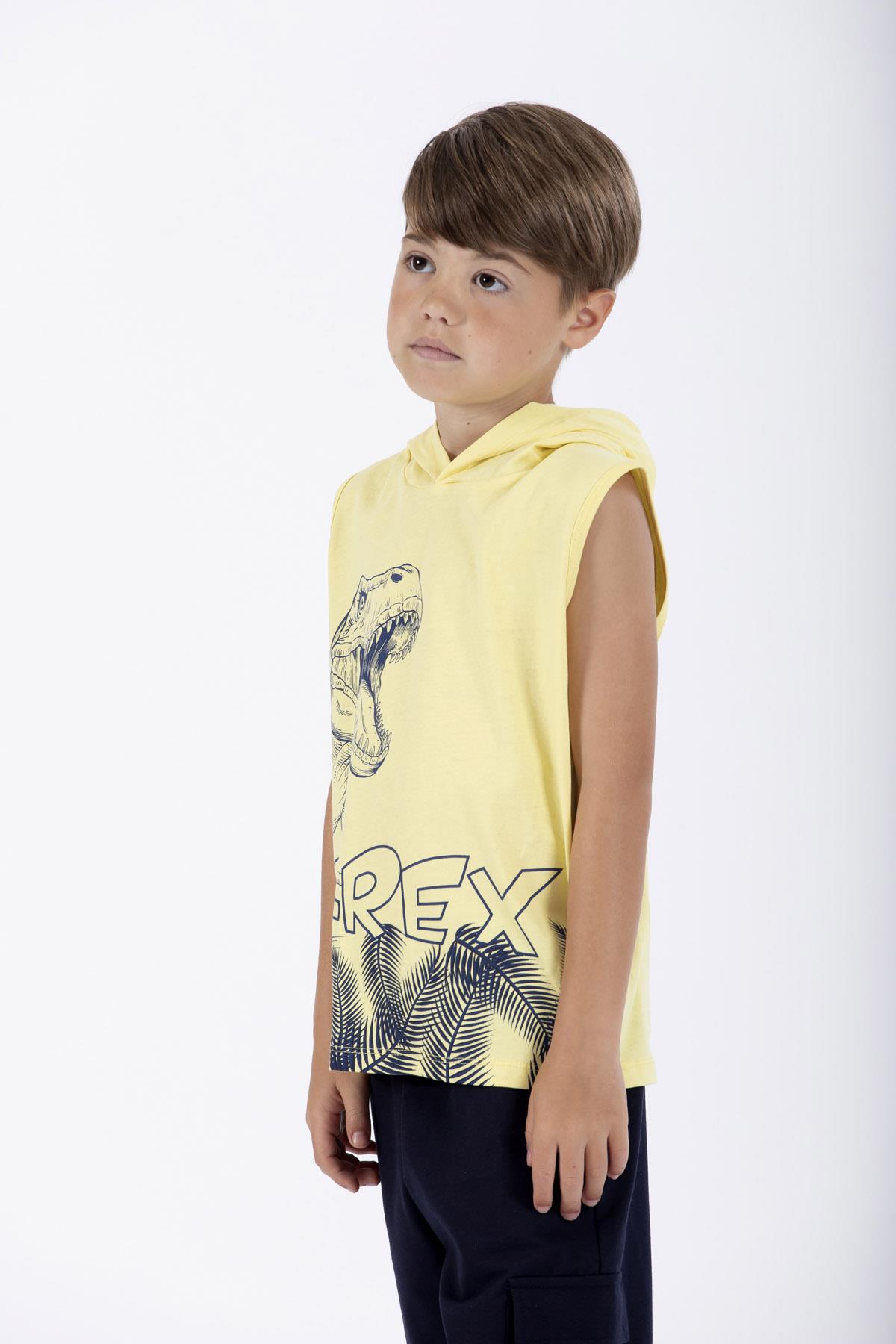 Trex Baskılı Kapüşonlu Sıfır Kol Sarı Renk Erkek Çocuk Tshirt