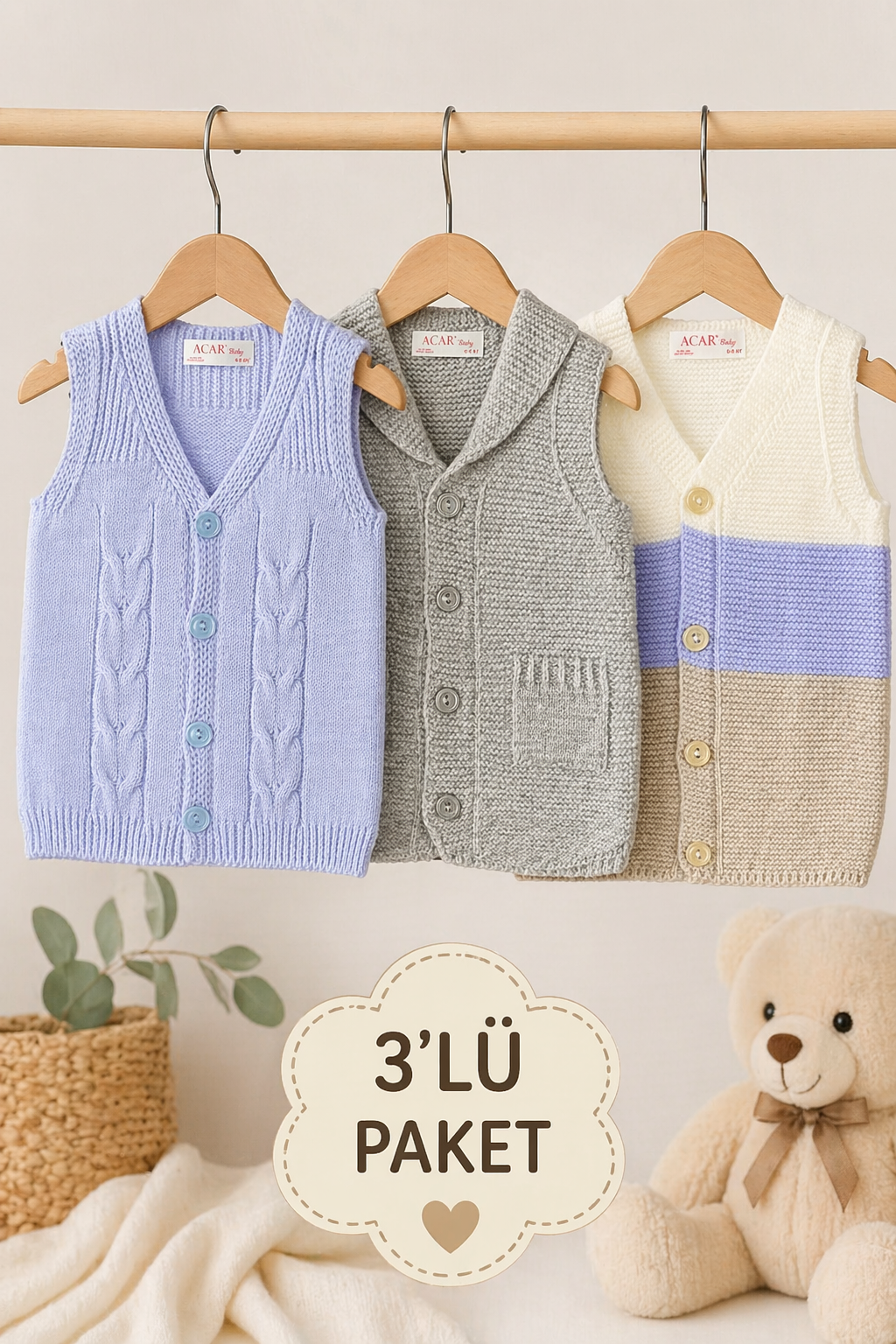 Unisex Bebek Triko Yelek 3'lü Paket Düğmeli Kolsuz Bebek Yeleği 6-24 Ay