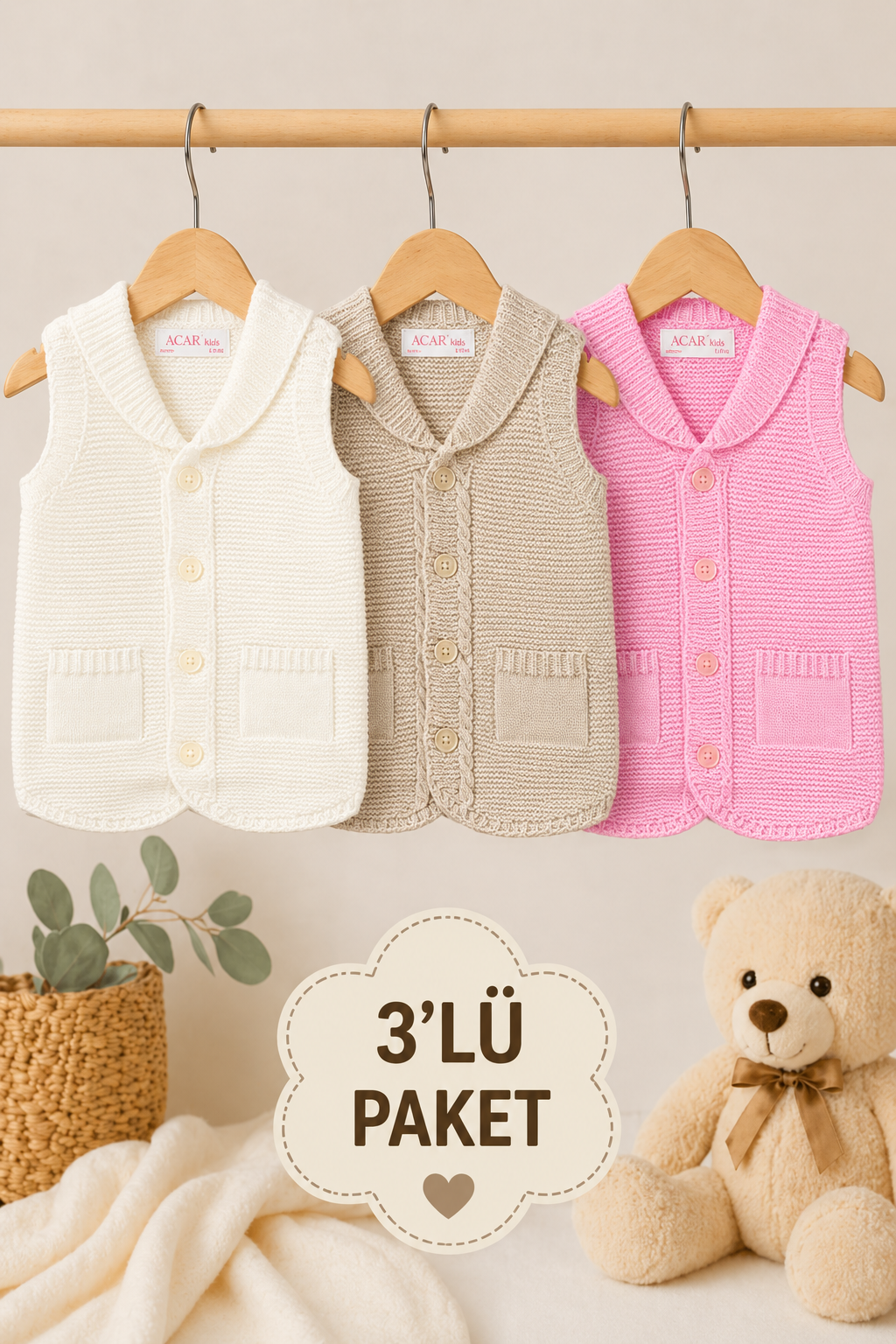 Unisex Bebek Triko Yelek 3'lü Paket Düğmeli Kolsuz Bebek Yeleği 6-24 Ay