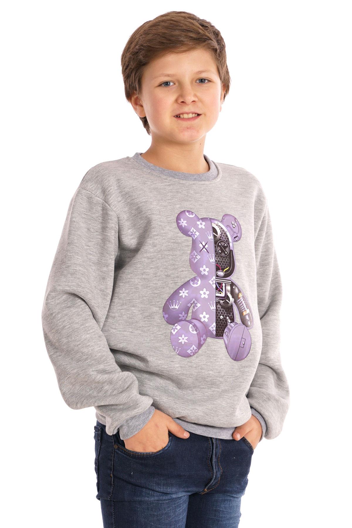 Ayıcık Baskılı Gri Renk Erkek Çocuk Sweat