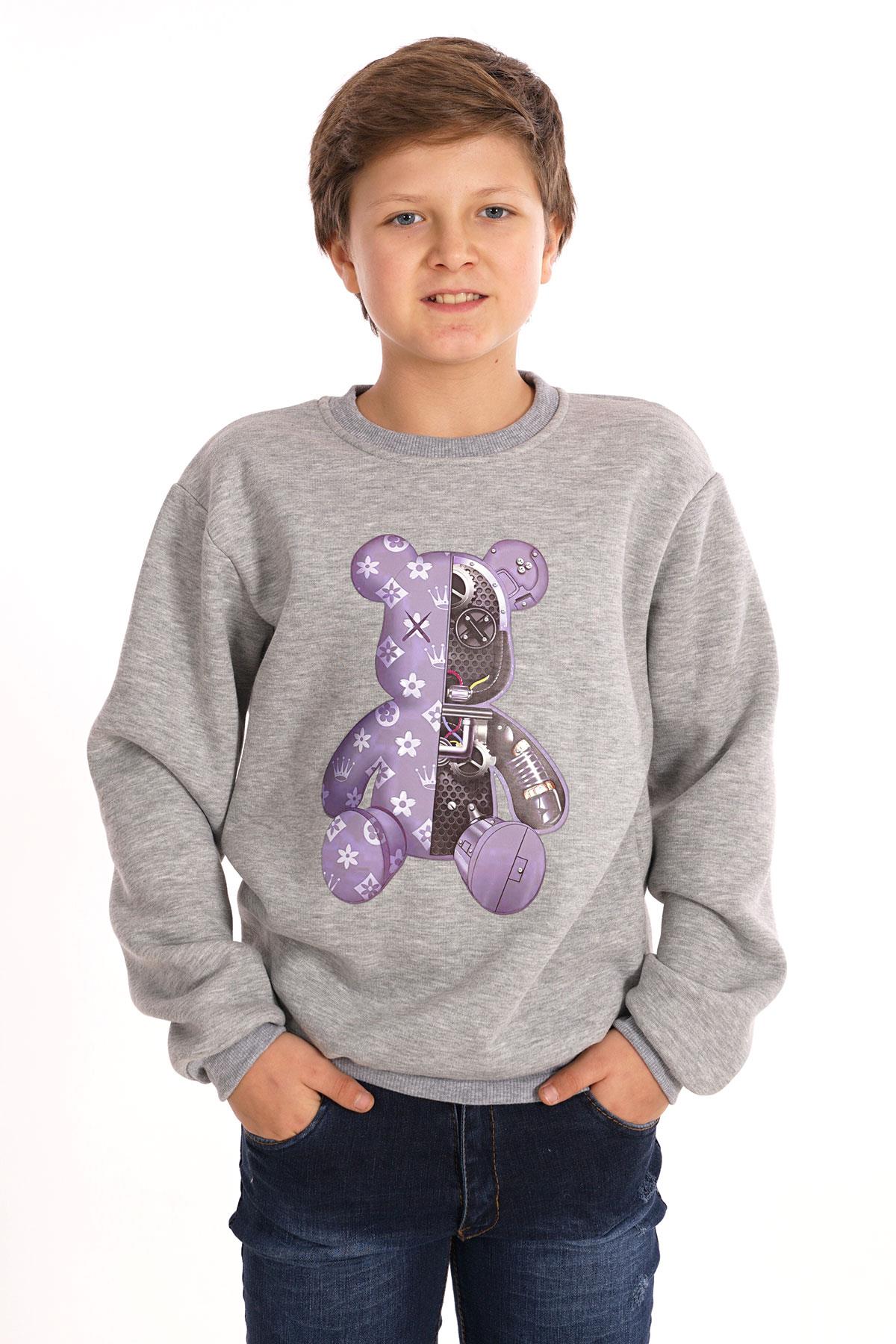 Ayıcık Baskılı Gri Renk Erkek Çocuk Sweat