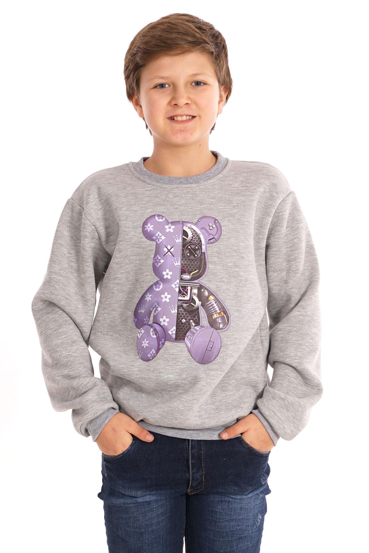 Ayıcık Baskılı Gri Renk Erkek Çocuk Sweat