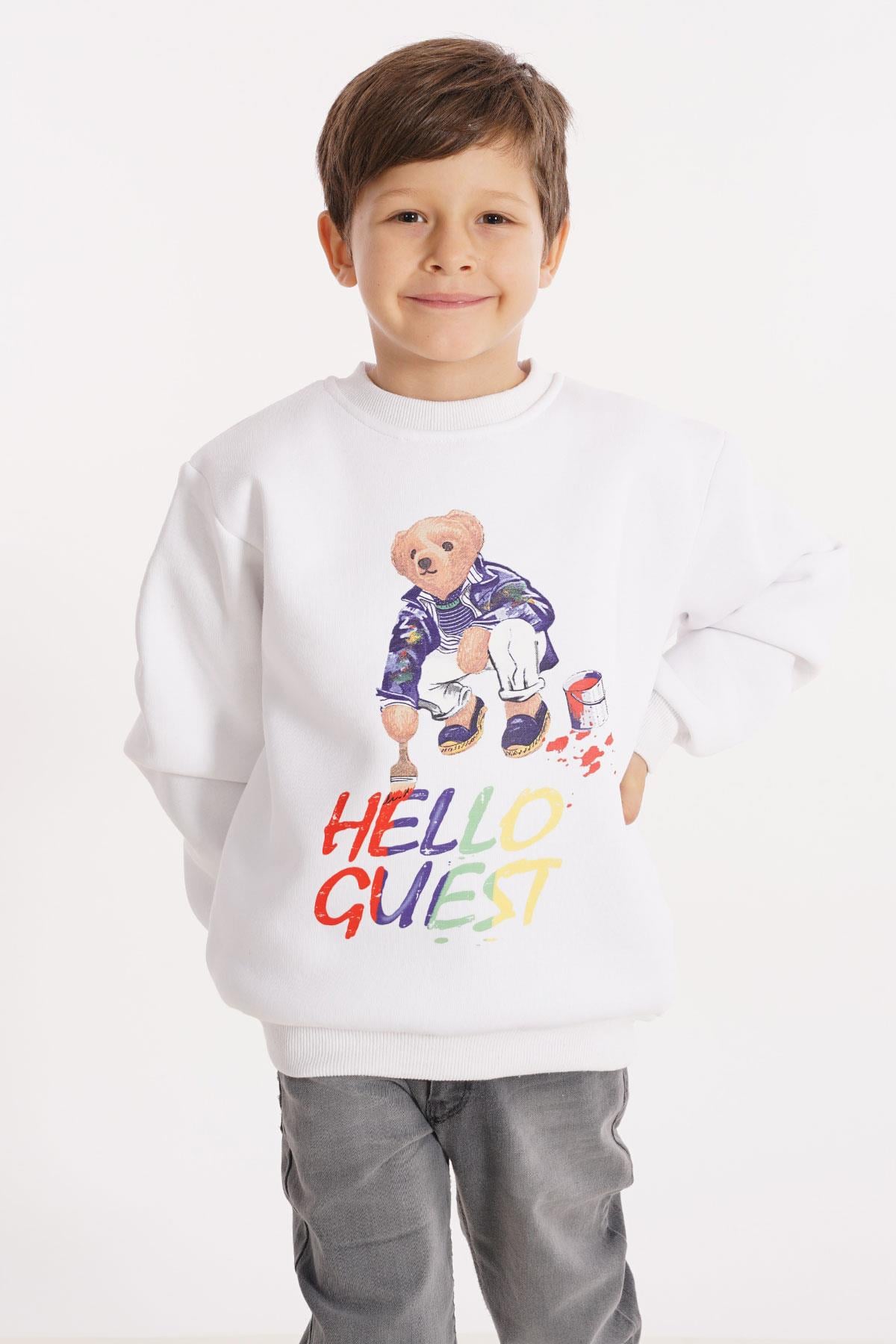 Hello Guest Baskılı Beyaz Renk Erkek Çocuk Sweat