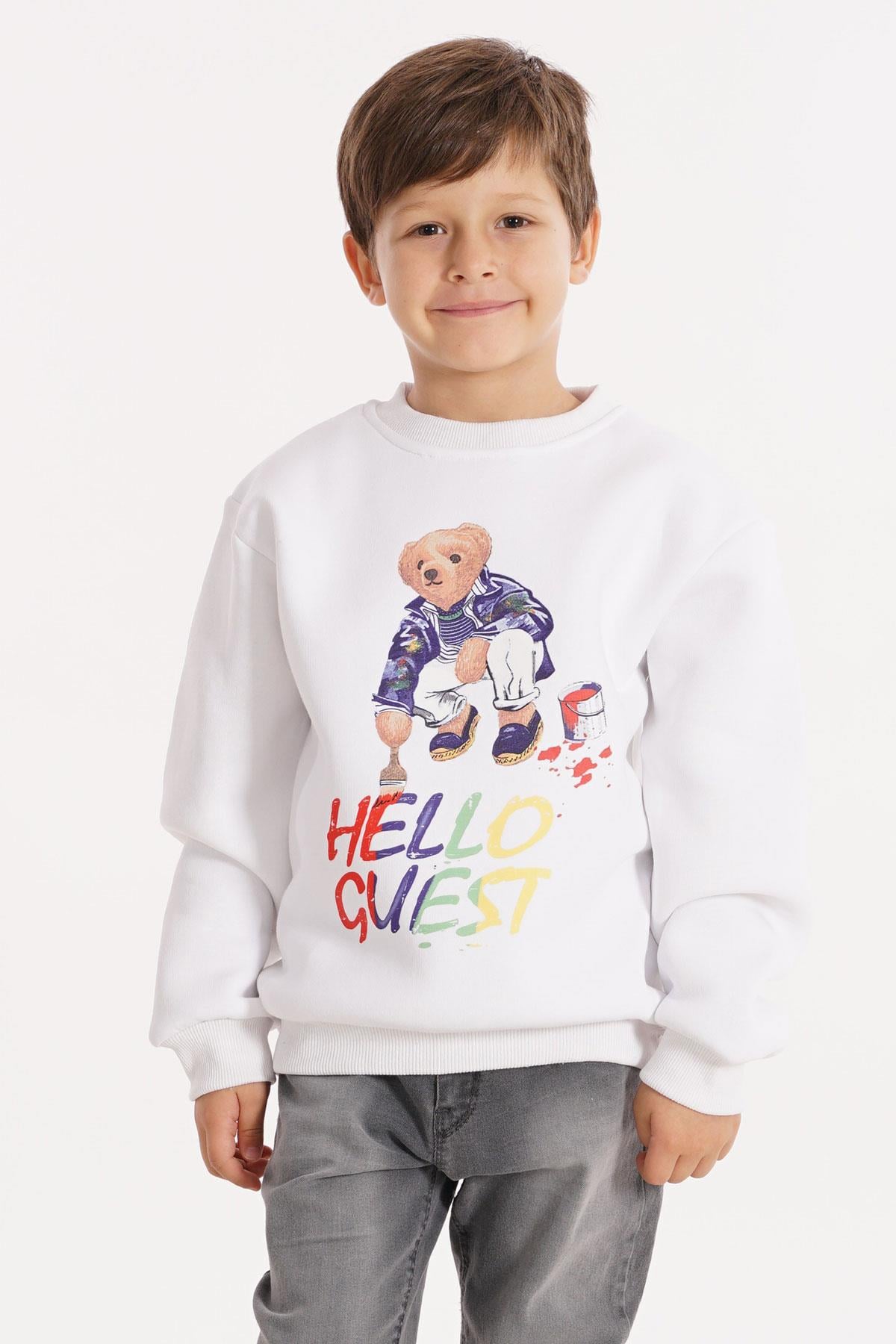 Hello Guest Baskılı Beyaz Renk Erkek Çocuk Sweat