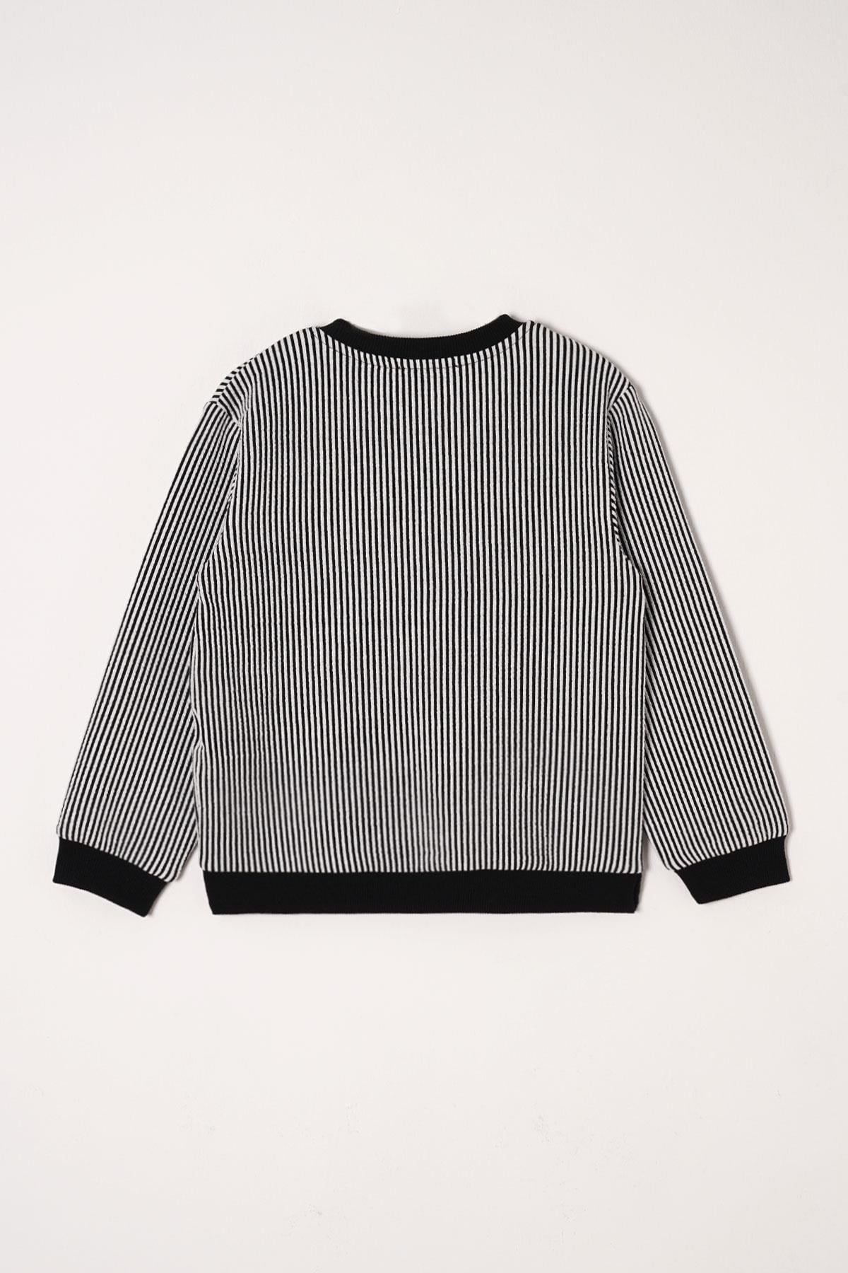 Bisiklet Yaka Tek Cep Siyah Renk Erkek Çocuk Çizgili Sweatshirt