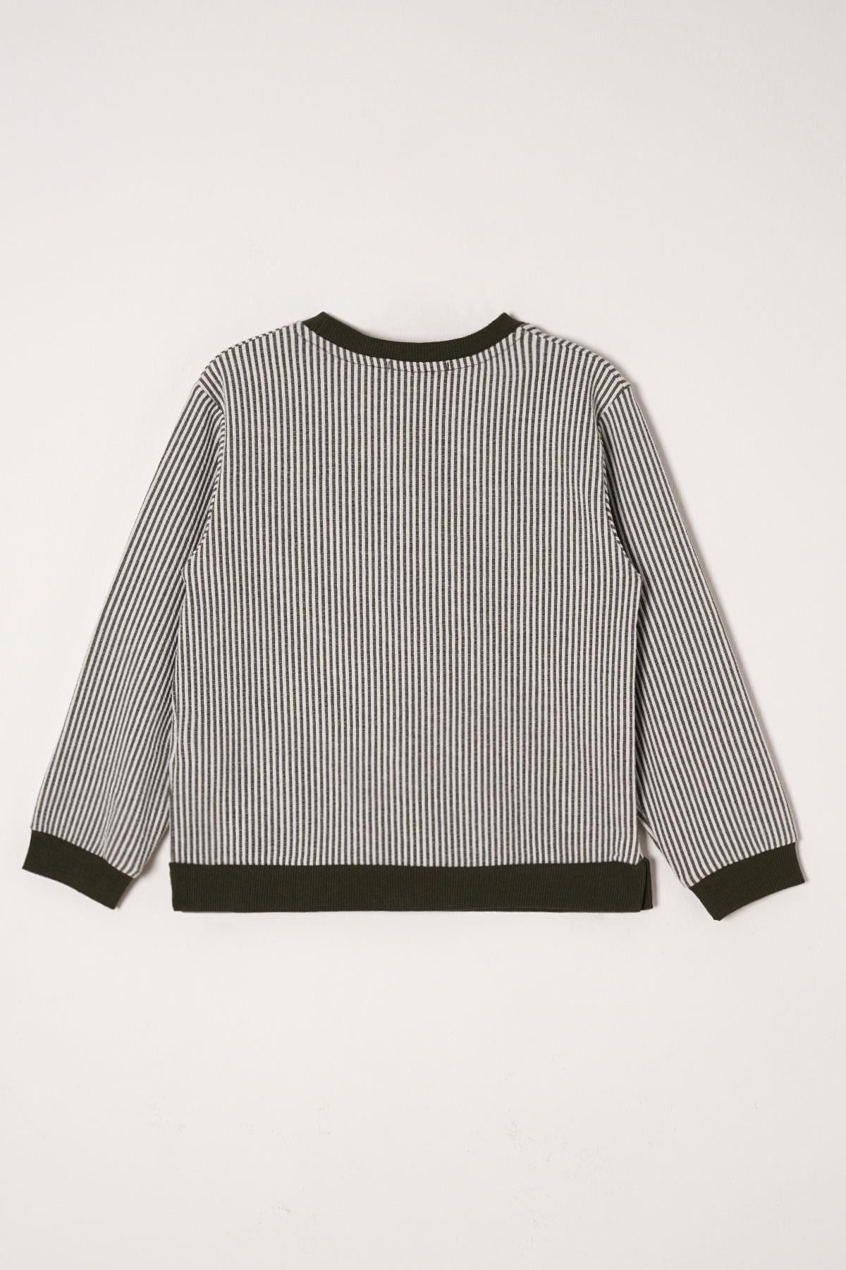 Bisiklet Yaka Tek Cep Haki Renk Erkek Çocuk Çizgili Sweatshirt