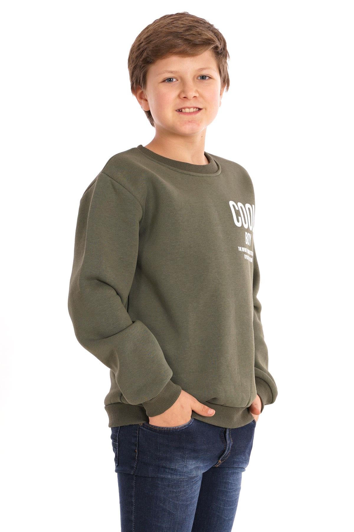 Bisiklet Yaka Şardonlu Cool Boy Baskılı Haki Renk Erkek Çocuk Sweat