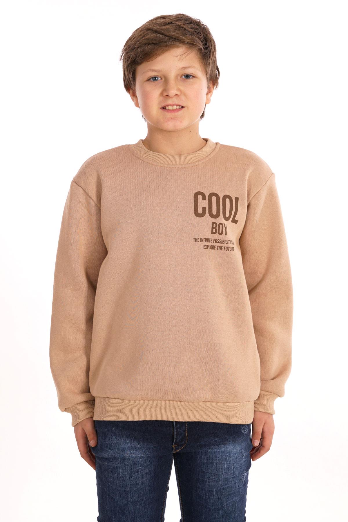 Bisiklet Yaka Şardonlu Cool Boy Baskılı Bej Renk Erkek Çocuk Sweat