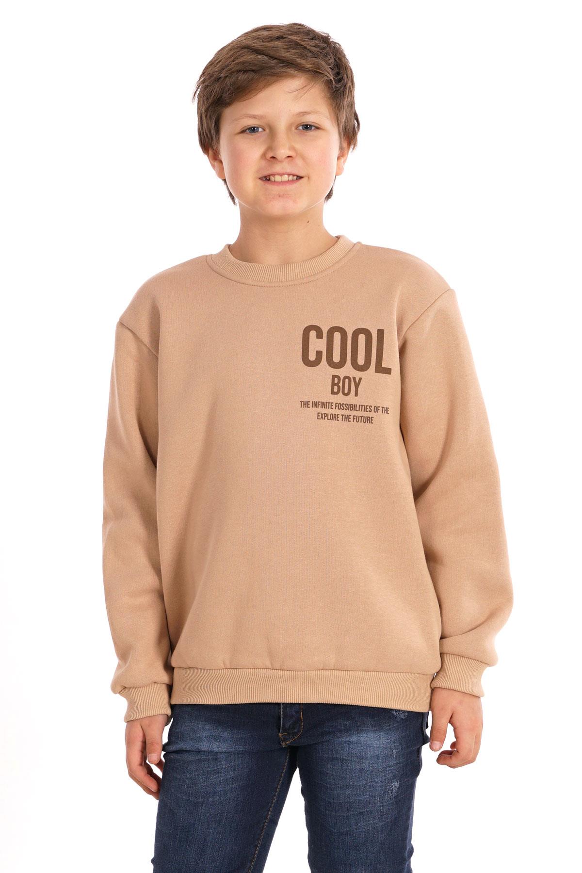 Bisiklet Yaka Şardonlu Cool Boy Baskılı Bej Renk Erkek Çocuk Sweat