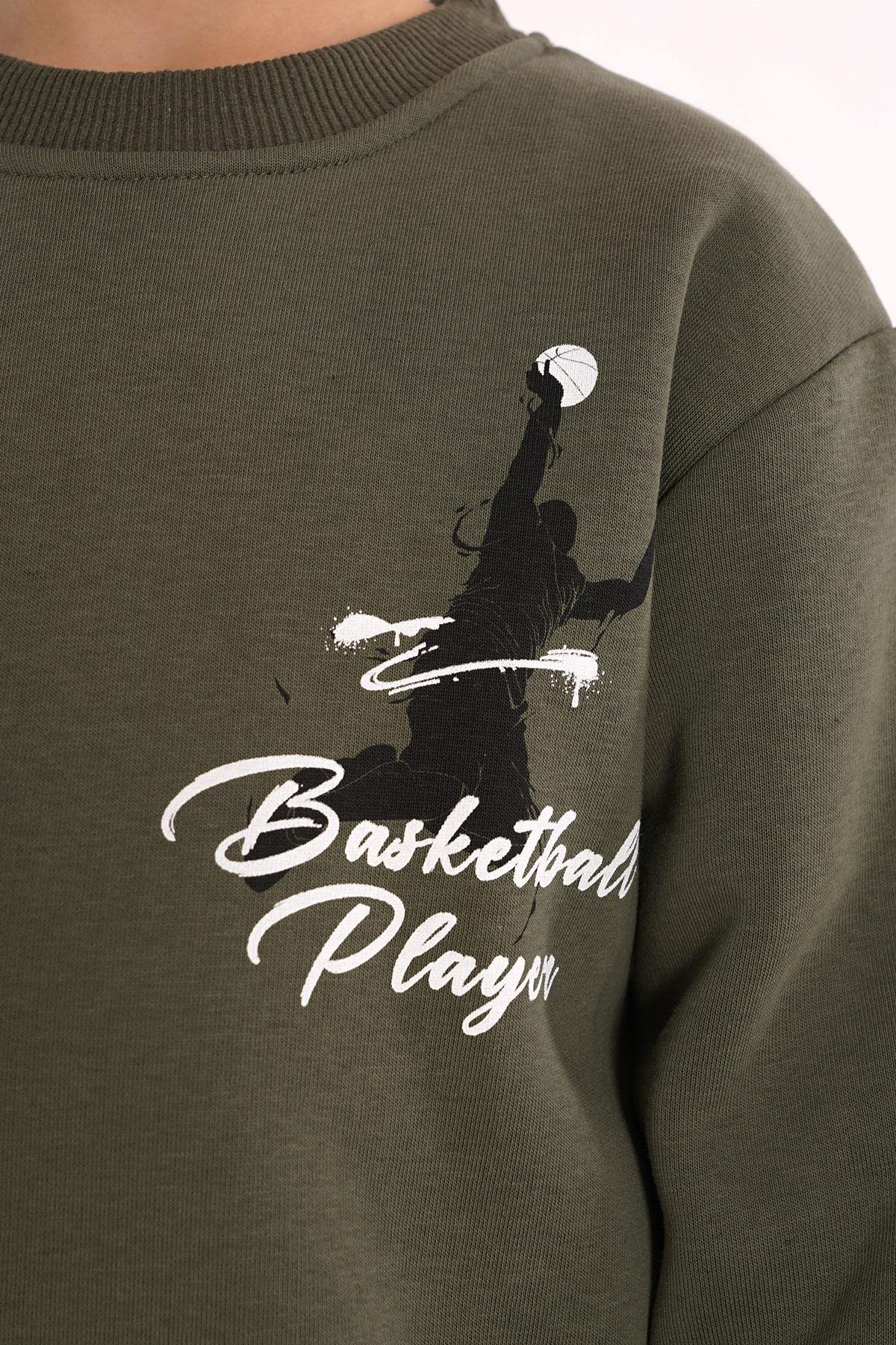 Bisiklet Yaka Şardonlu Basketball Baskılı Haki Renk Erkek Çocuk Sweat