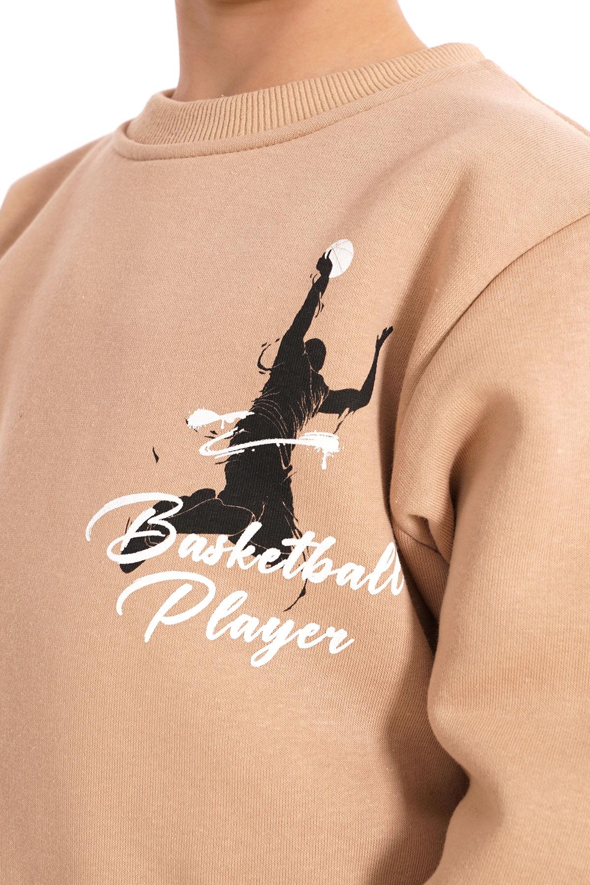 Bisiklet Yaka Şardonlu Basketball Baskılı Vizon Renk Erkek Çocuk Sweat