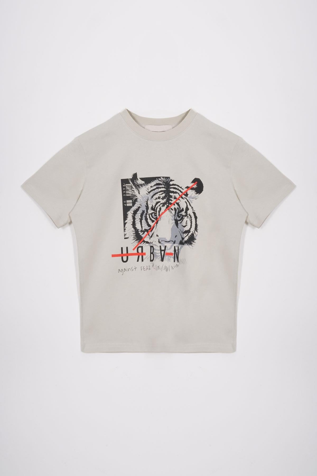 Bisiklet Yaka Kaplan Baskılı Taş Renk Erkek Çocuk Tshirt